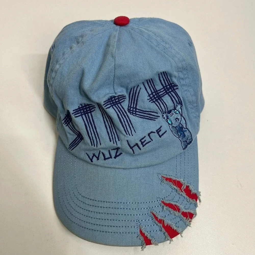 Disney Parks Stitch Wuz Here Youth Blue Distressed Baseball Cap Hat Adjustable